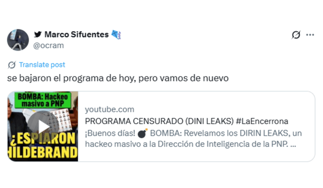 Marco Sifuentes denunció en su cuenta de X censura al programa La Encerrona.